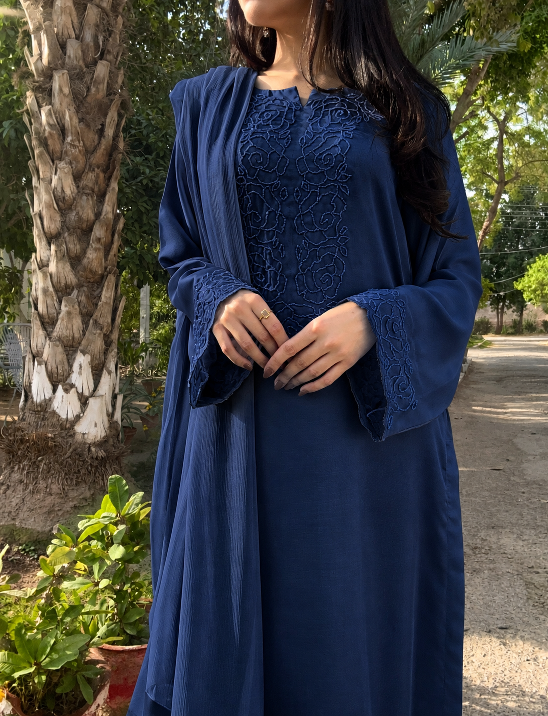 3pc Hand Embroidered Silk Suit- Blue Tone