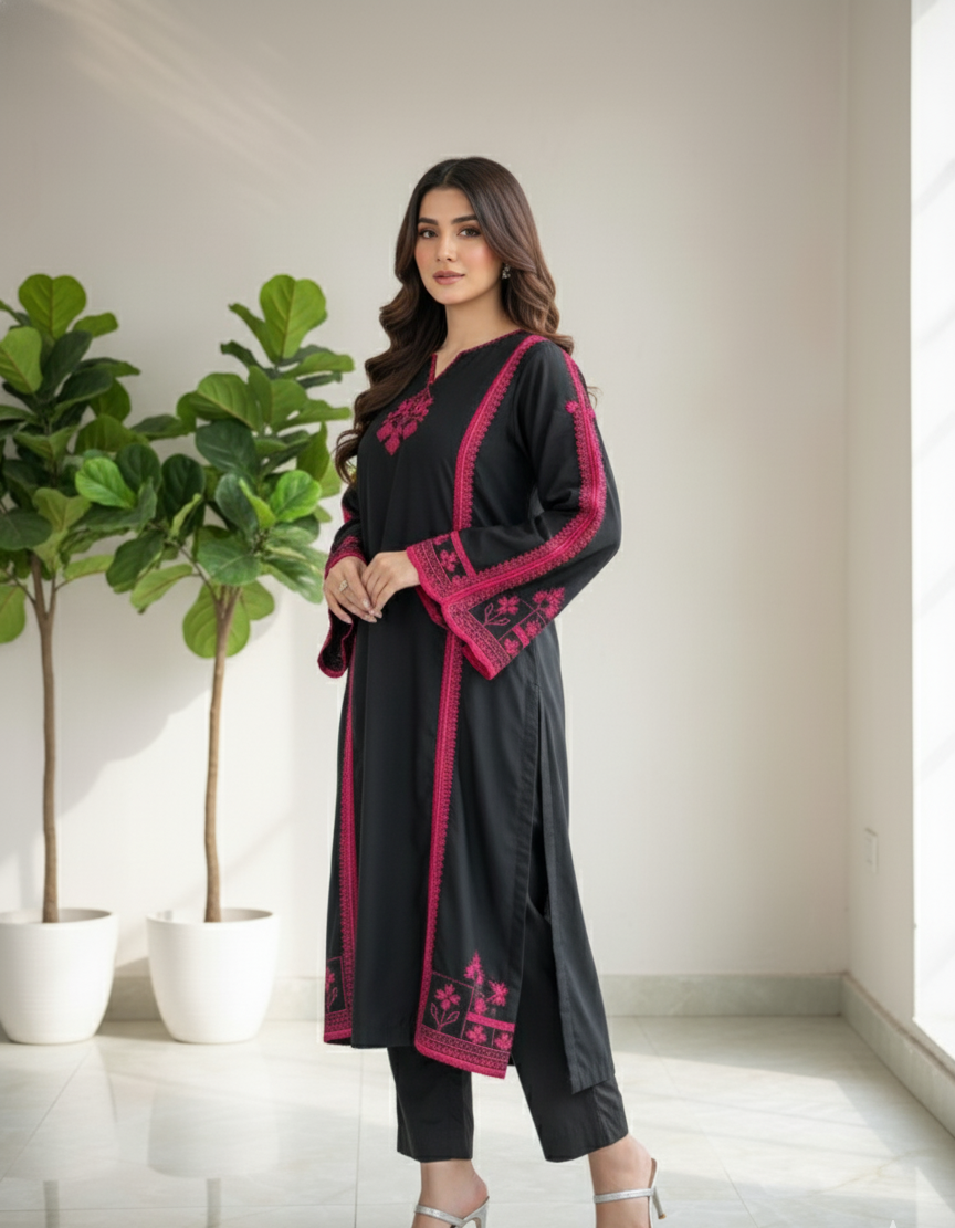 2 pc fully embroidered stone linen suit - kala jora