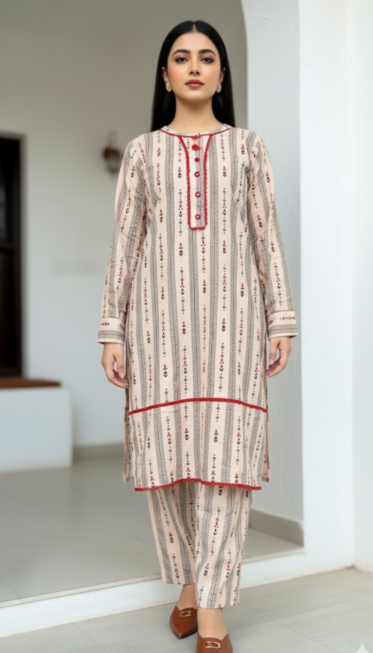 2 pc printed co-ord set khaddar(Long Shirt)- Elegant
