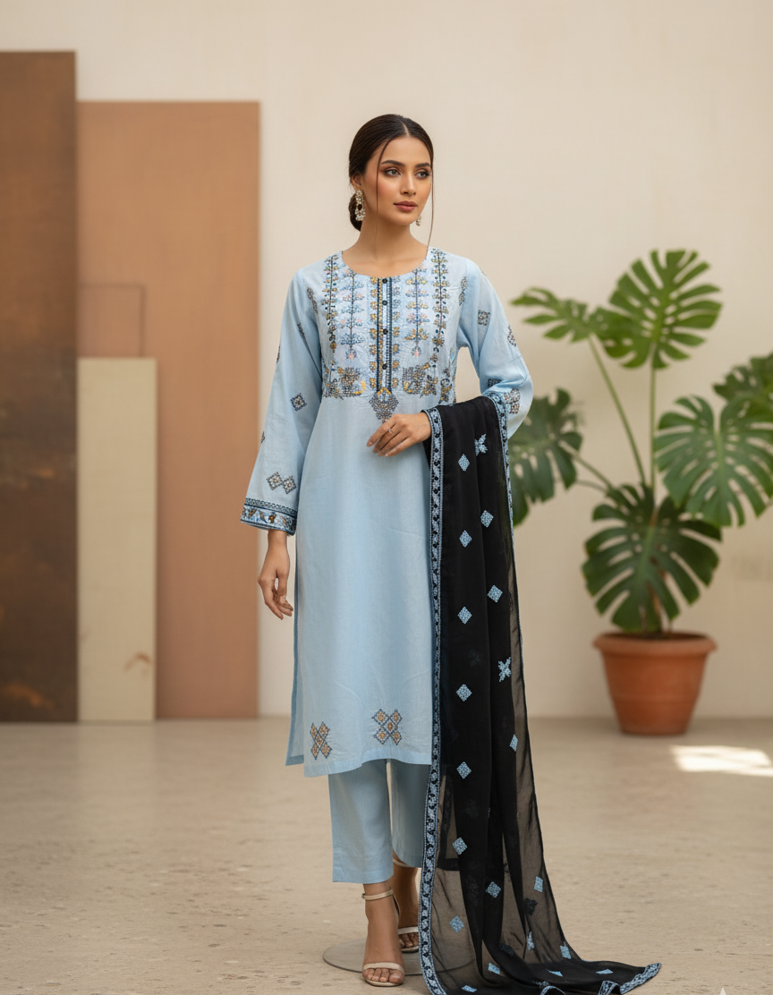Cotton Lawn stitched 3 pc Embroidered suit- SKY (Long Shirt)
