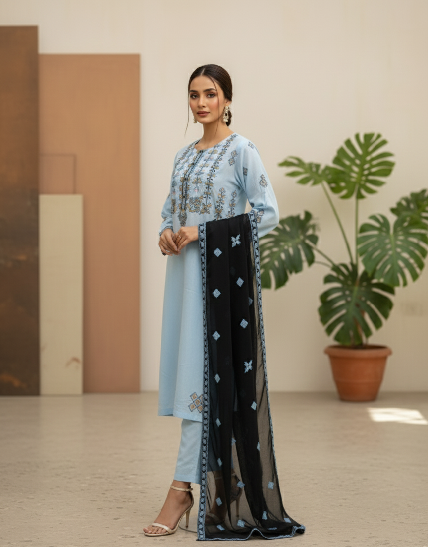 Cotton Lawn stitched 3 pc Embroidered suit- SKY (Long Shirt)