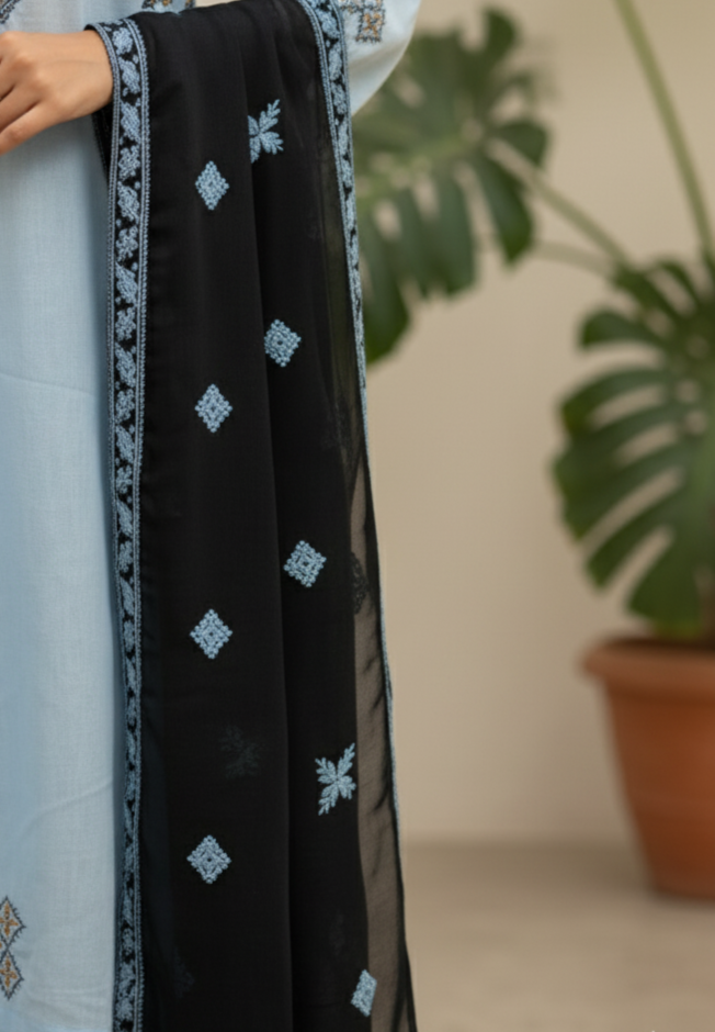 Cotton Lawn stitched 3 pc Embroidered suit- SKY (Long Shirt)