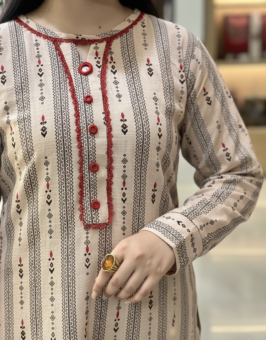 2 pc printed co-ord set khaddar(Long Shirt)- Elegant
