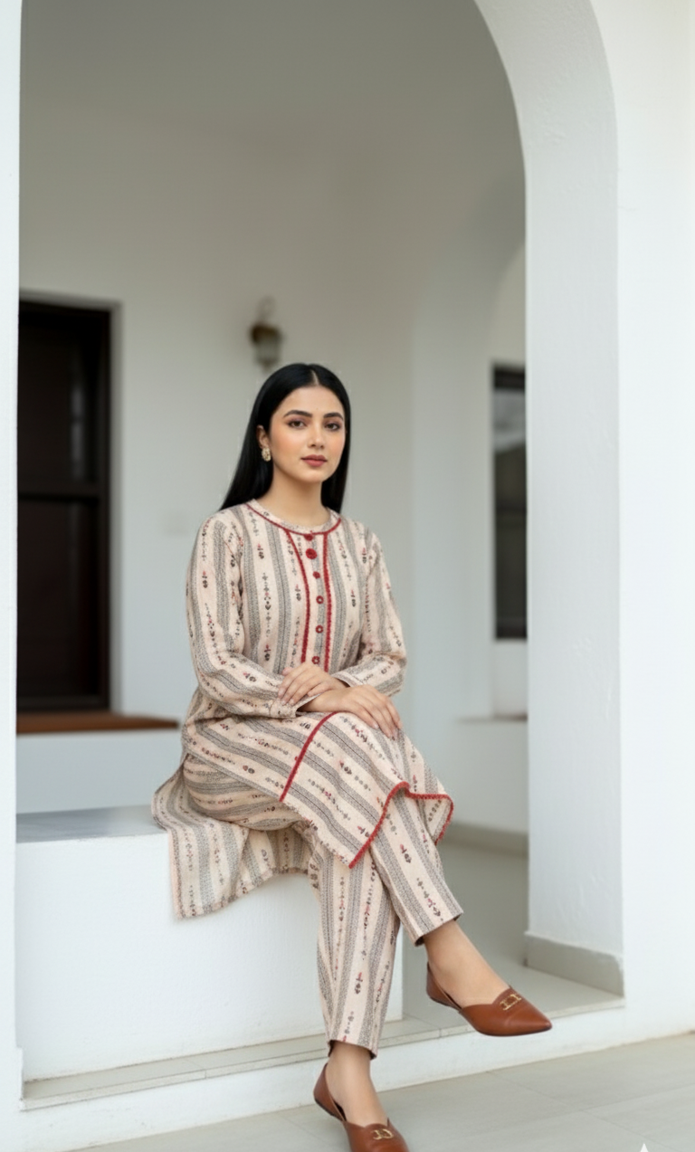 2 pc printed co-ord set khaddar(Long Shirt)- Elegant