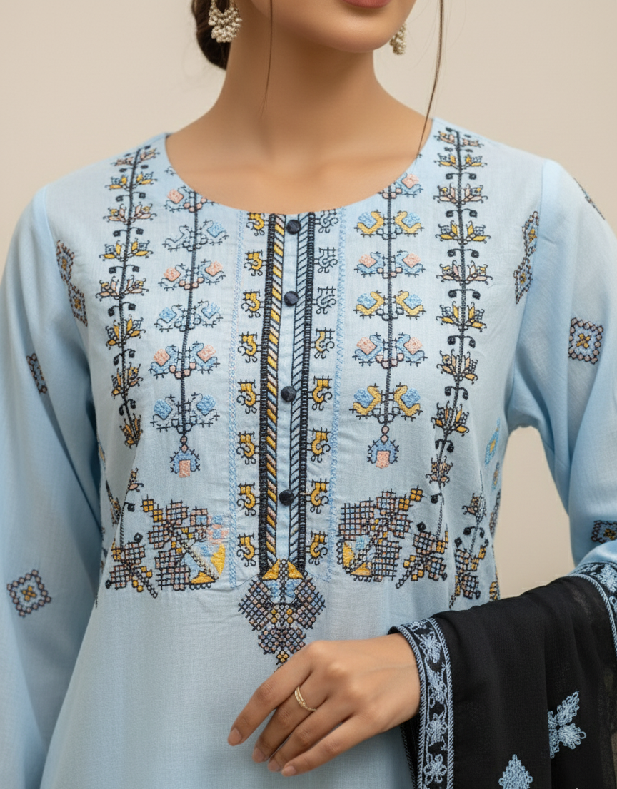Cotton Lawn stitched 3 pc Embroidered suit- SKY (Long Shirt)