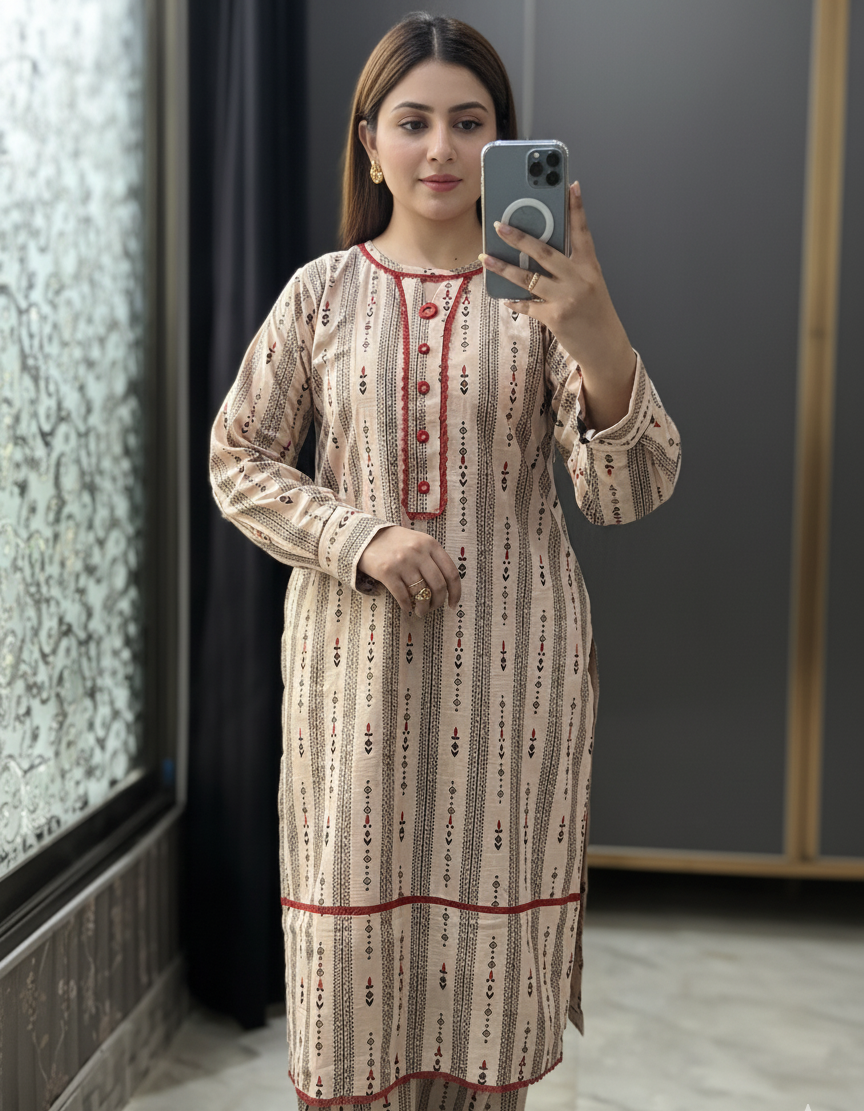 2 pc printed co-ord set khaddar(Long Shirt)- Elegant