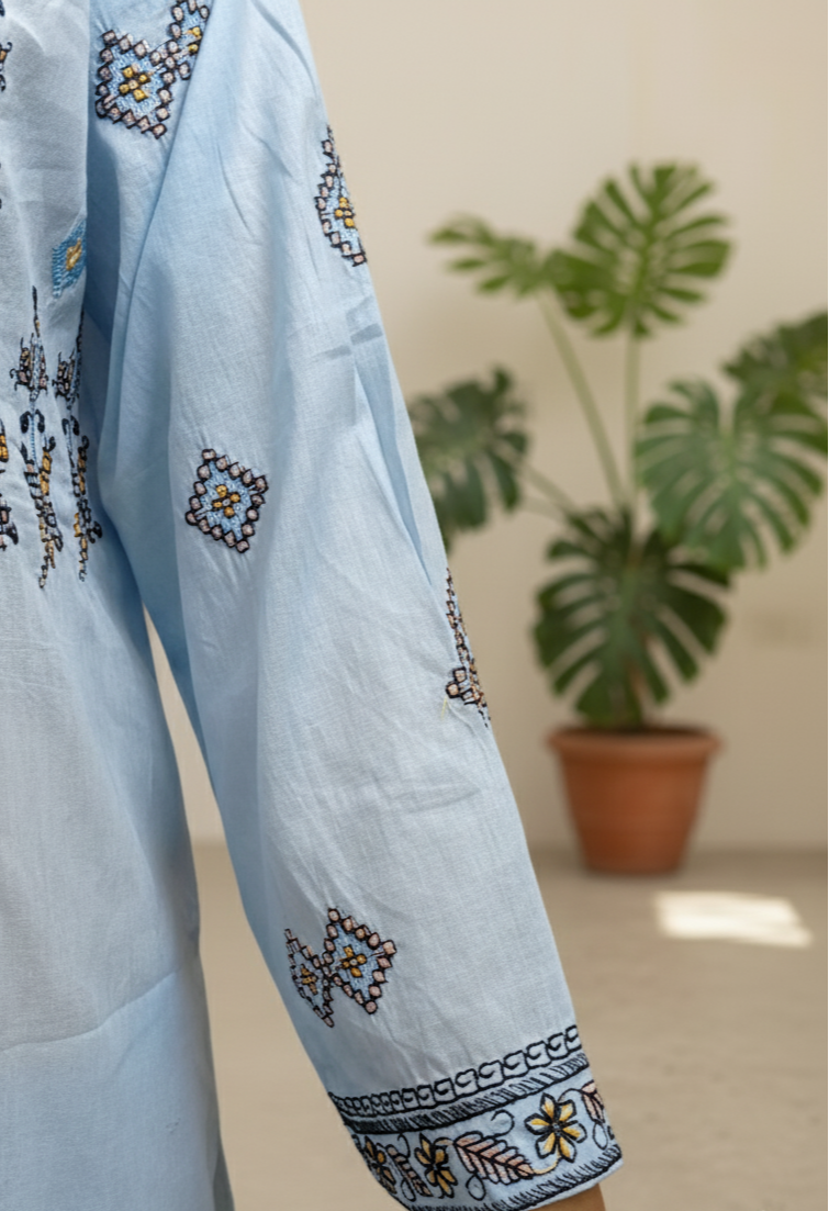 Cotton Lawn stitched 3 pc Embroidered suit- SKY (Long Shirt)