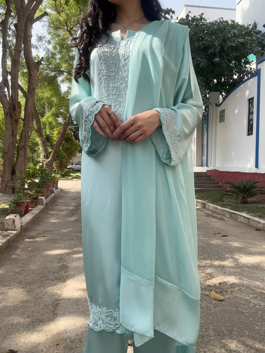 3pc Hand Embroidered Silk Suit-Ice Blue