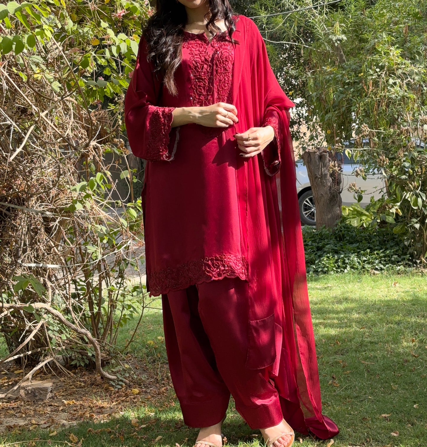 3pc Hand Embroidered Silk Suit- Maroon Diva