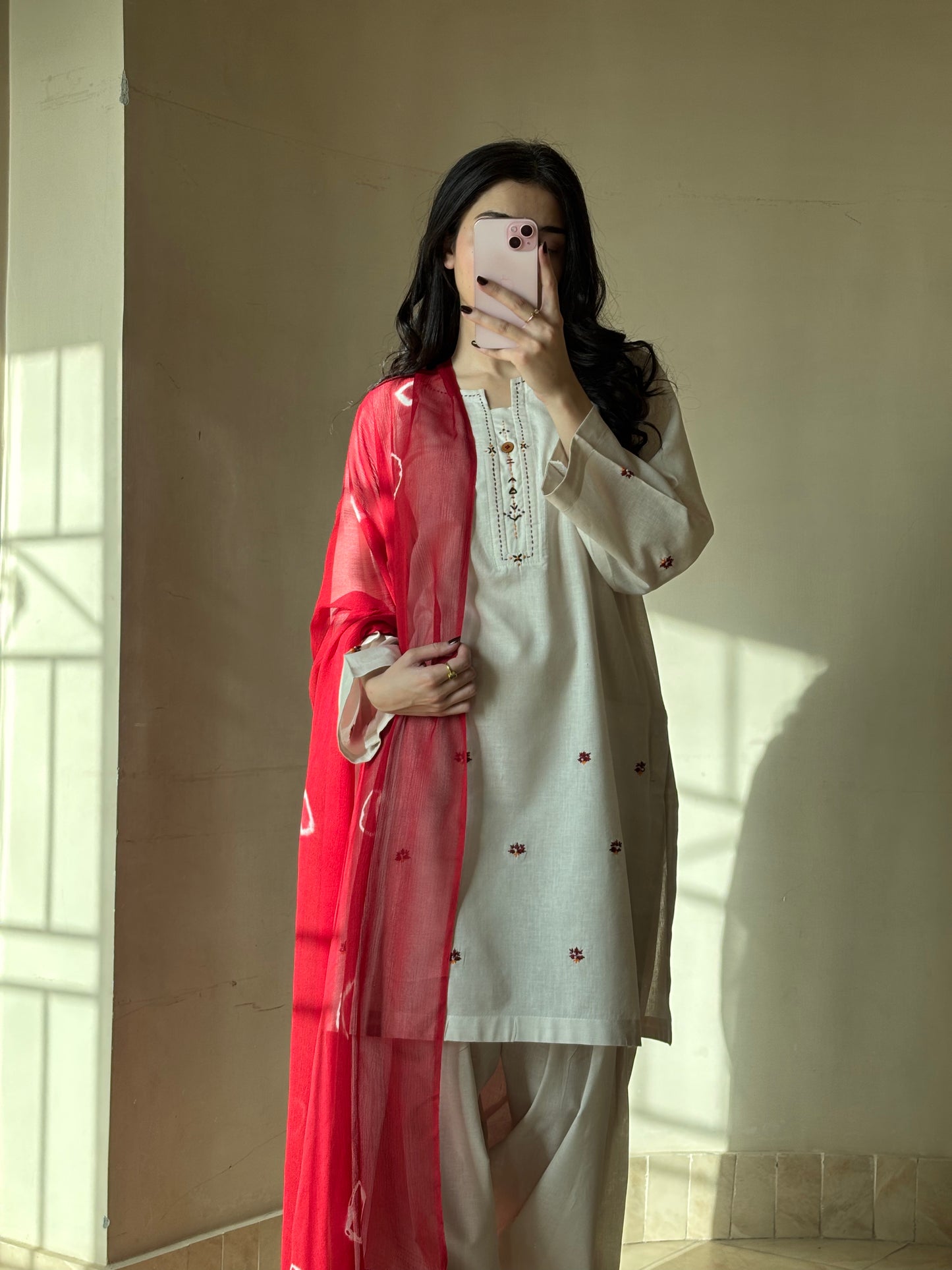 Lawn stitched 3 pc Hand Embroidered suit- Phulkari