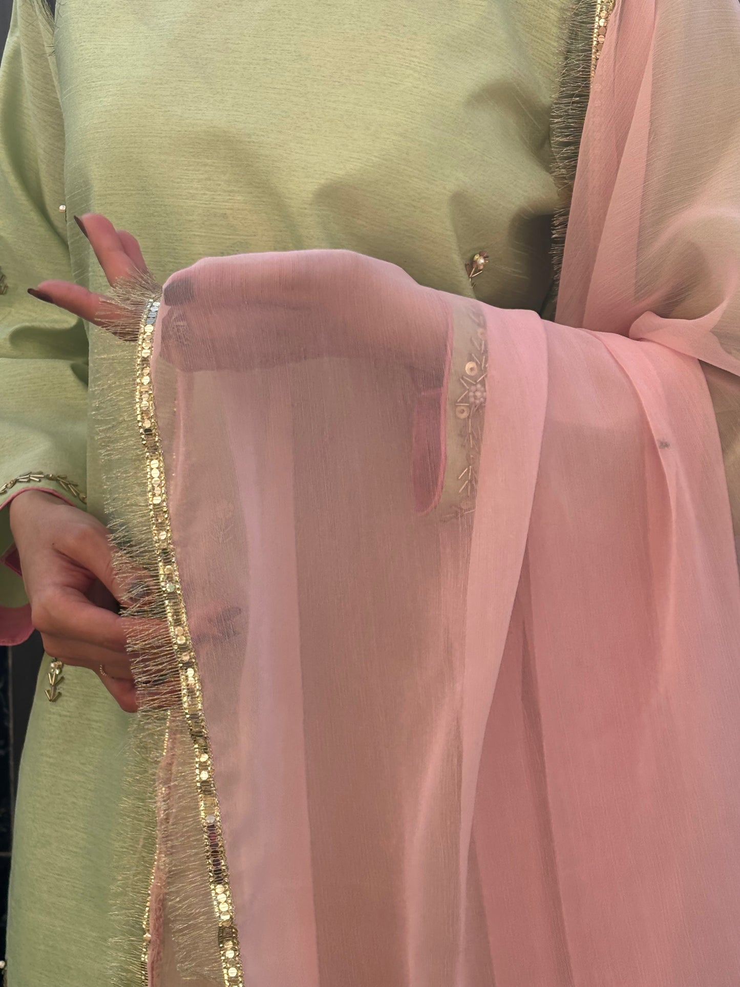 3pc Hand Embroidered Silk Suit- Pistachio