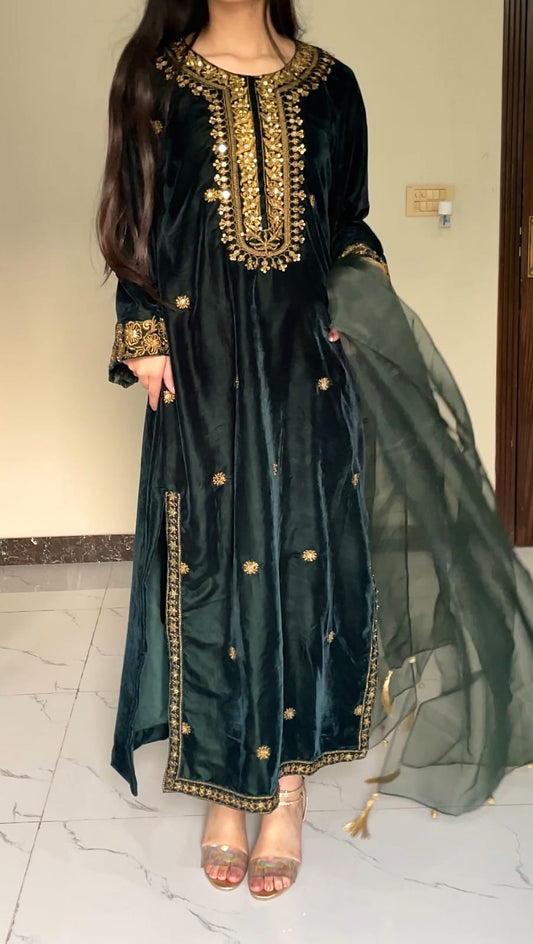 3-PC Velvet Kaftan - Emerald Green