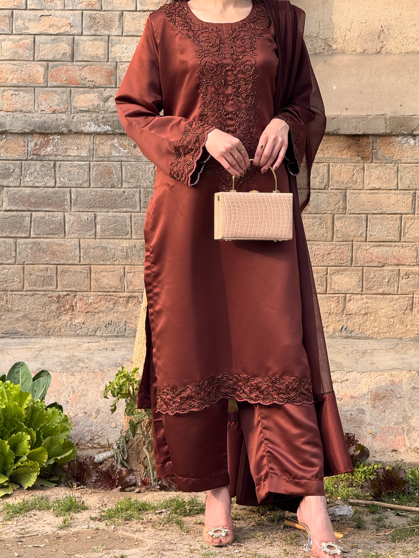 3pc Hand Embroidered Silk Suit- Brown Beauty   (Available for prebooking)