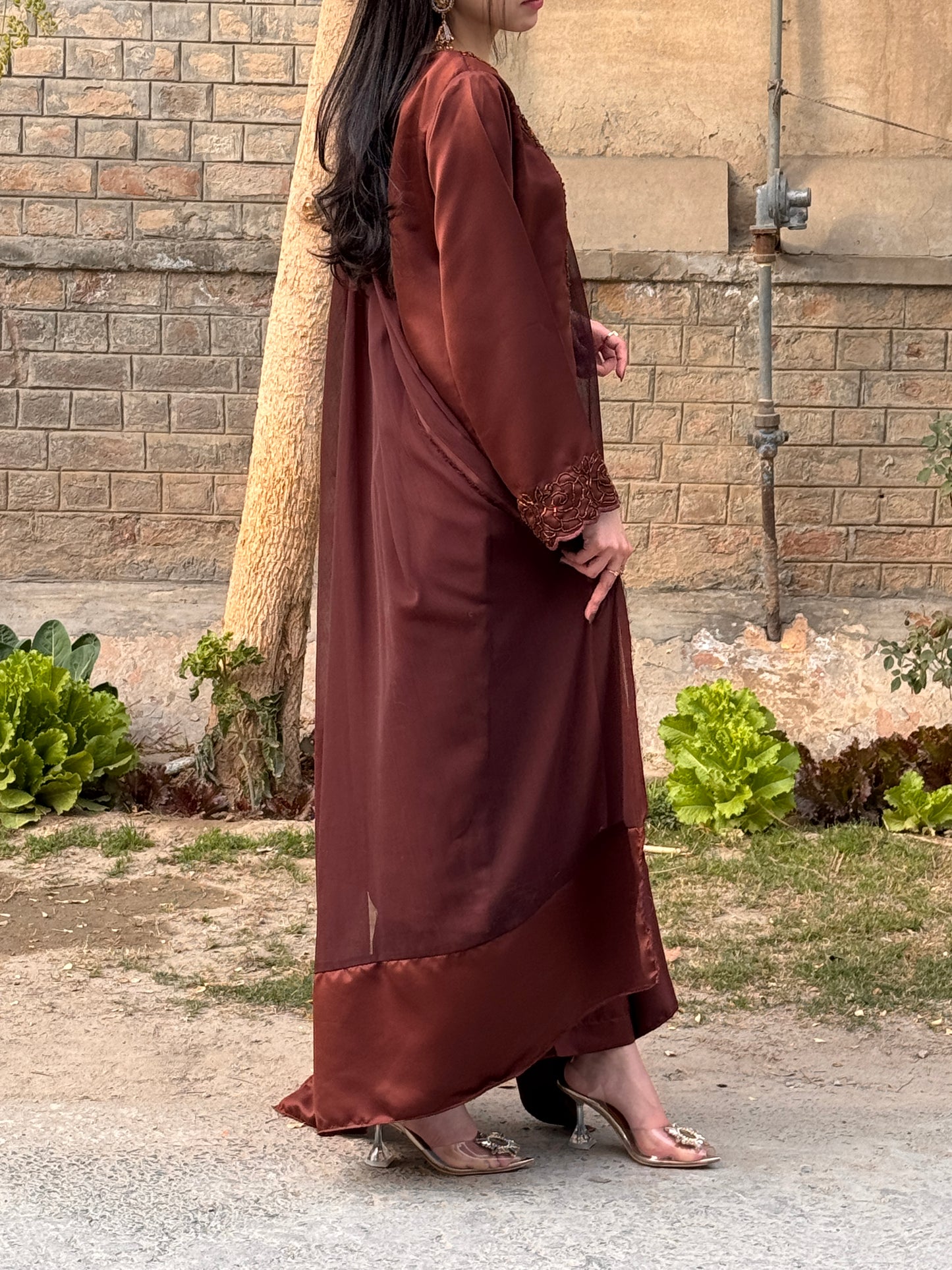 3pc Hand Embroidered Silk Suit- Brown Beauty   (Available for prebooking)