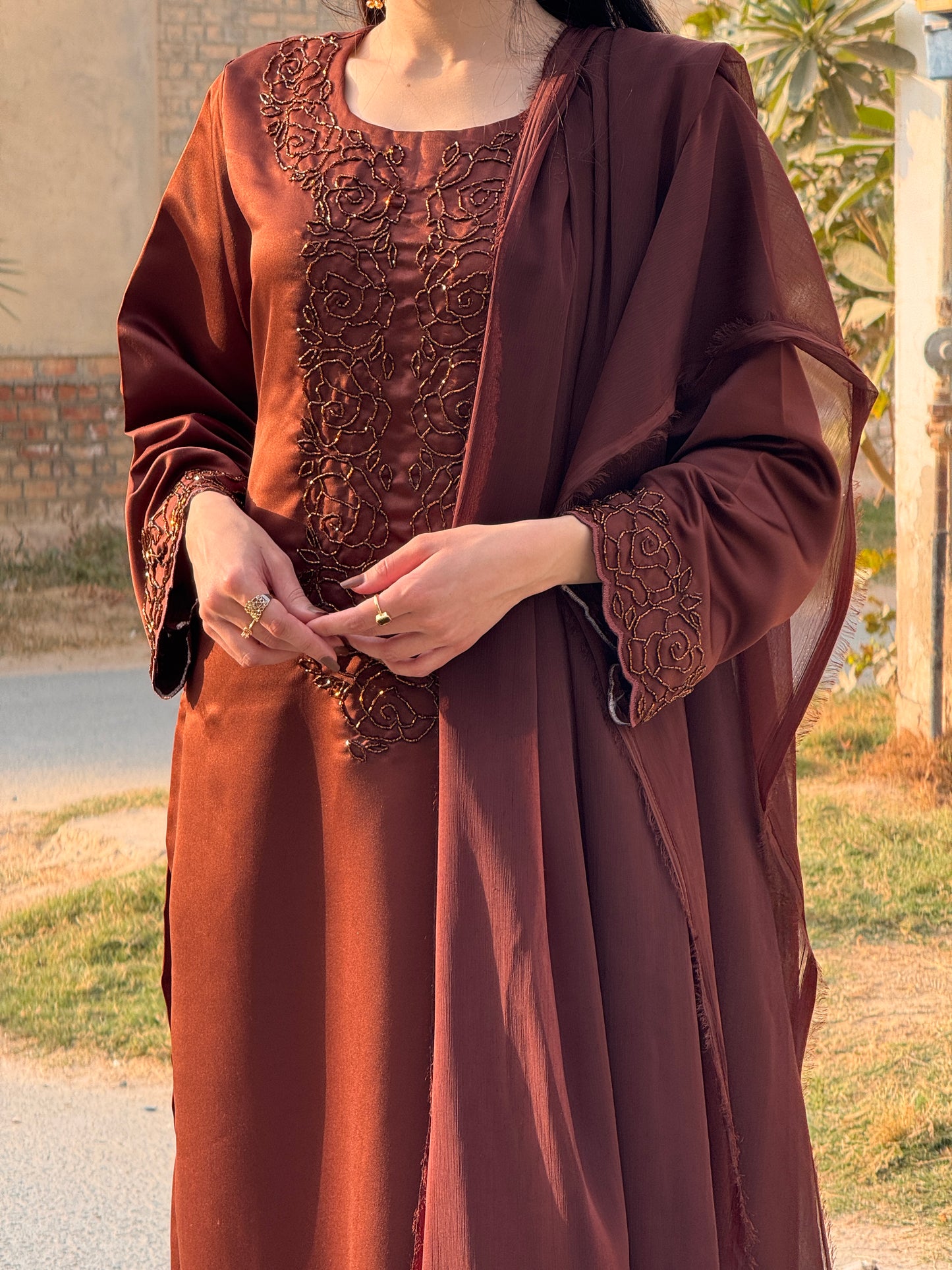 3pc Hand Embroidered Silk Suit- Brown Beauty   (Available for prebooking)