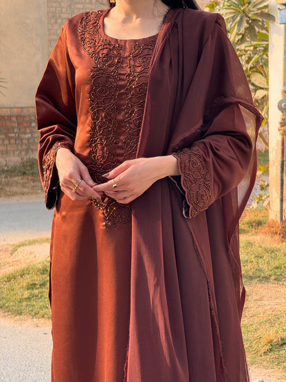 3pc Hand Embroidered Silk Suit- Brown Beauty   (Available for prebooking)