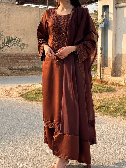 3pc Hand Embroidered Silk Suit- Brown Beauty   (Available for prebooking)