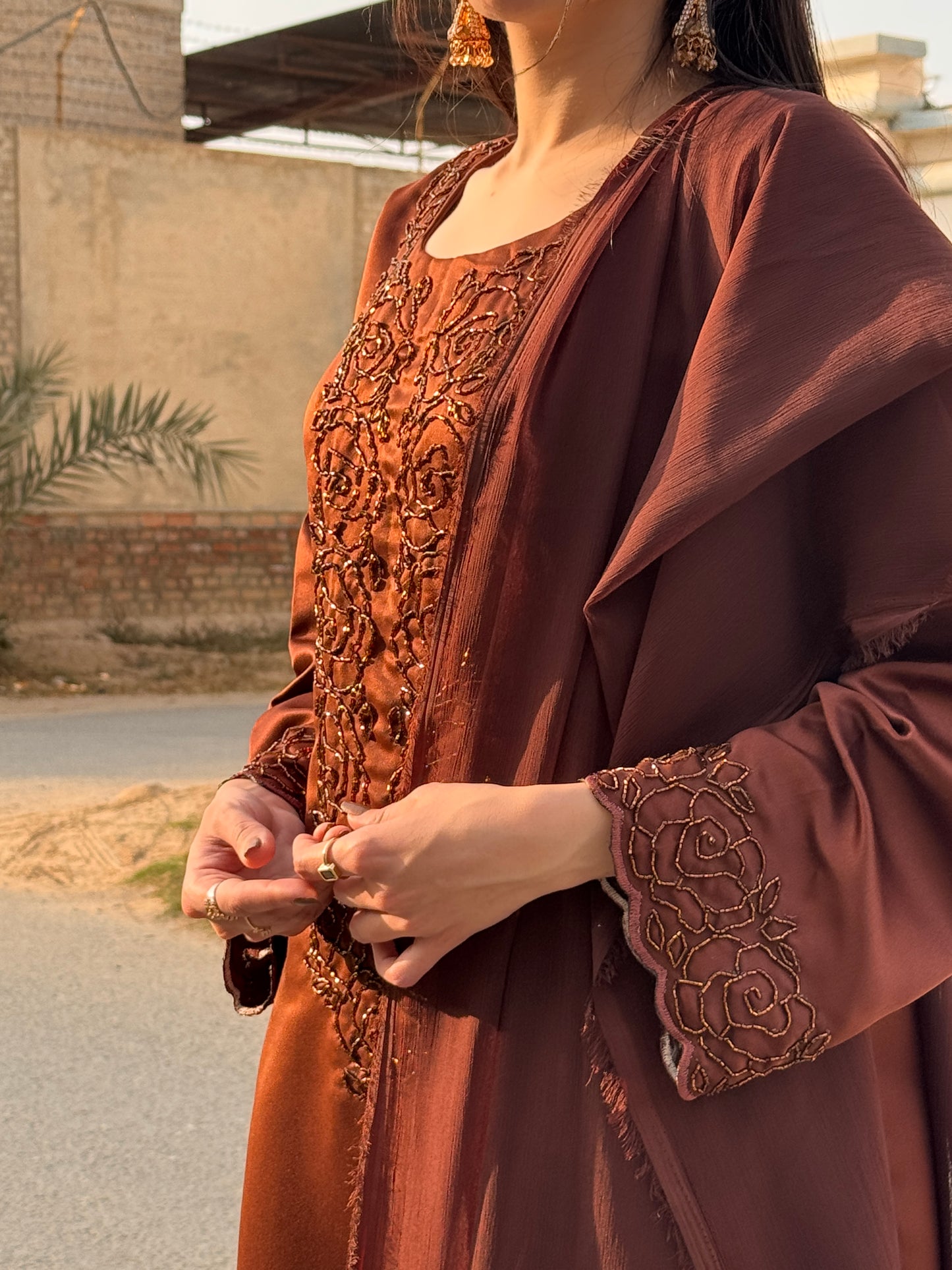 3pc Hand Embroidered Silk Suit- Brown Beauty   (Available for prebooking)