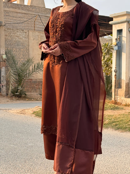 3pc Hand Embroidered Silk Suit- Brown Beauty   (Available for prebooking)