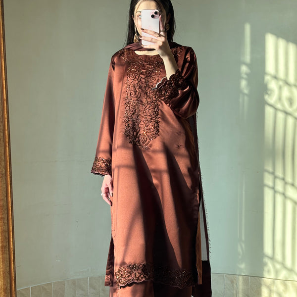 3pc Hand Embroidered Silk Suit- Brown Beauty   (Available for prebooking)