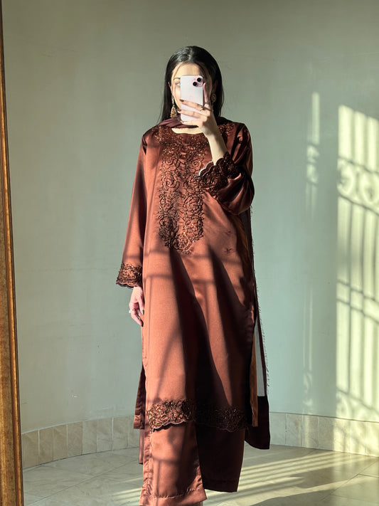 3pc Hand Embroidered Silk Suit- Brown Beauty