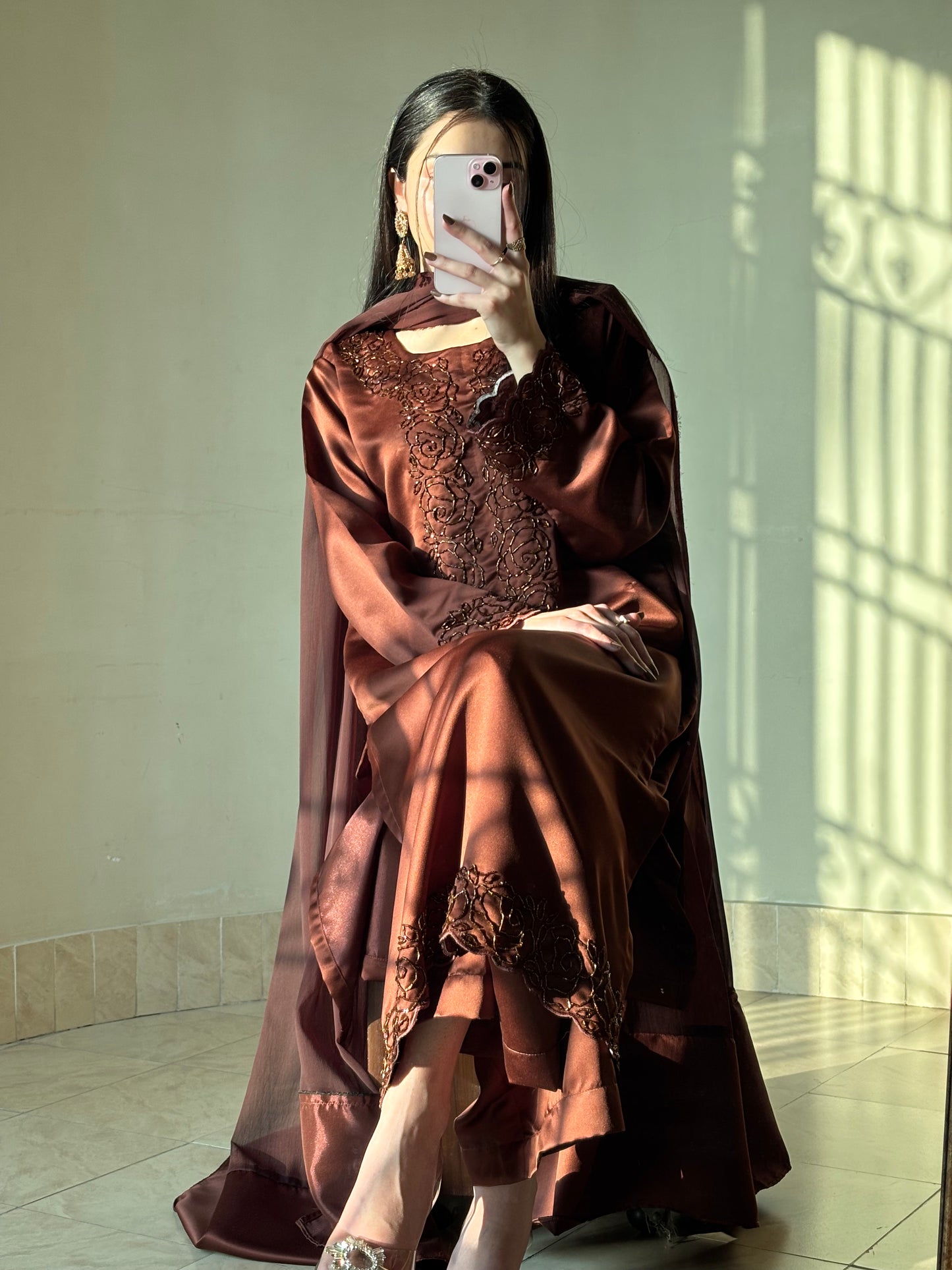 3pc Hand Embroidered Silk Suit- Brown Beauty   (Available for prebooking)