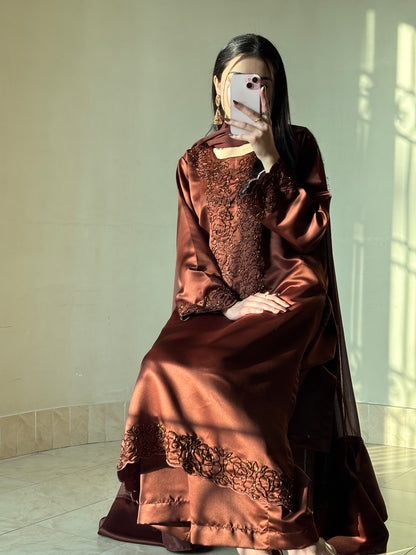3pc Hand Embroidered Silk Suit- Brown Beauty   (Available for prebooking)