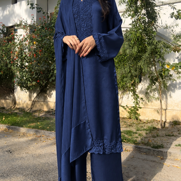 3pc Hand Embroidered Silk Suit- Blue Tone