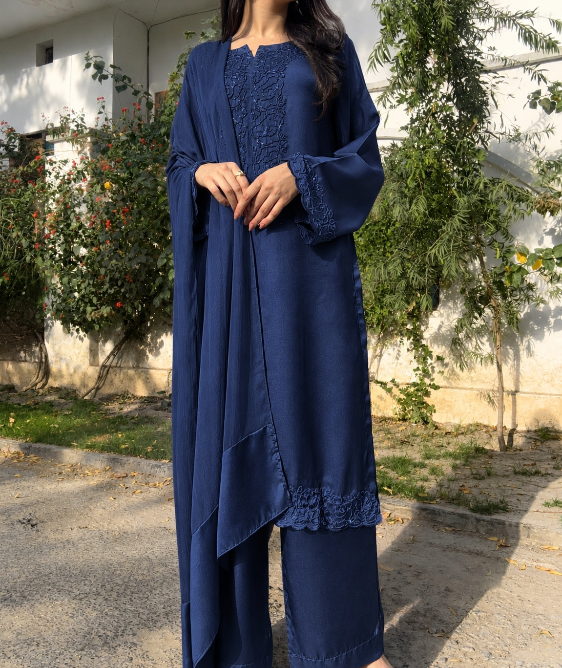 3pc Hand Embroidered Silk Suit- Blue Tone