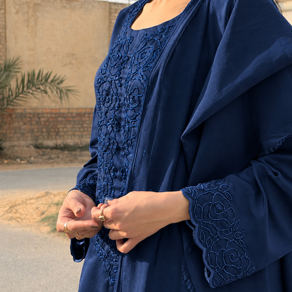 3pc Hand Embroidered Silk Suit- Blue Tone