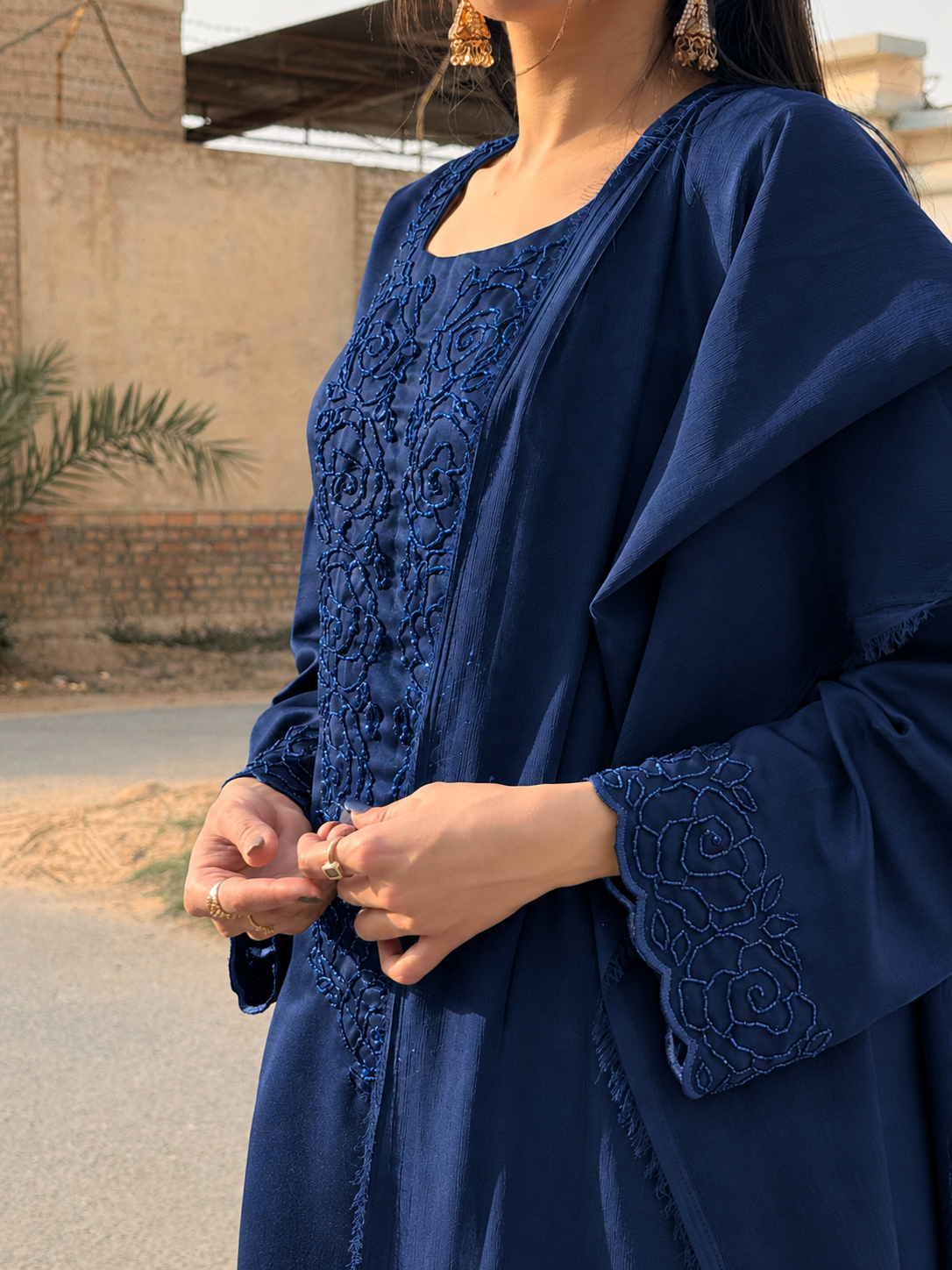 3pc Hand Embroidered Silk Suit- Blue Tone