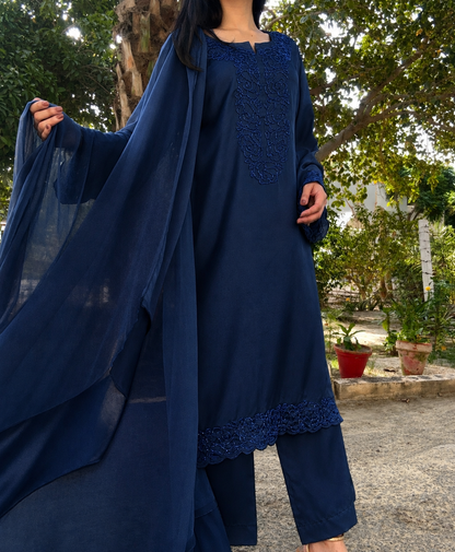 3pc Hand Embroidered Silk Suit- Blue Tone