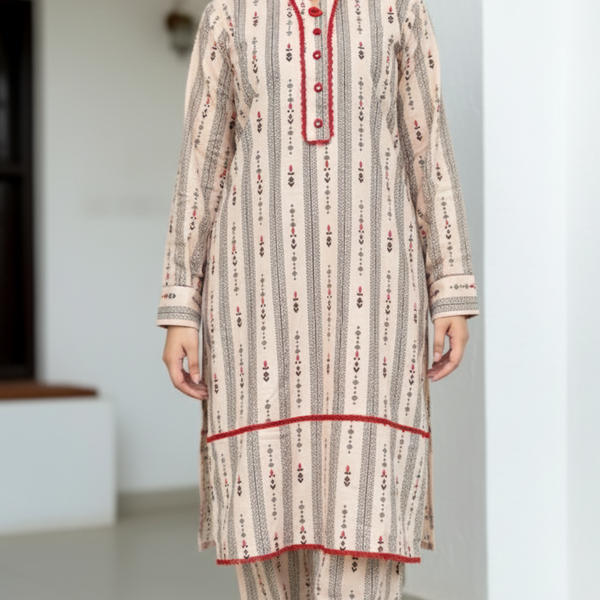 2 pc printed co-ord set khaddar(Long Shirt)- Elegant
