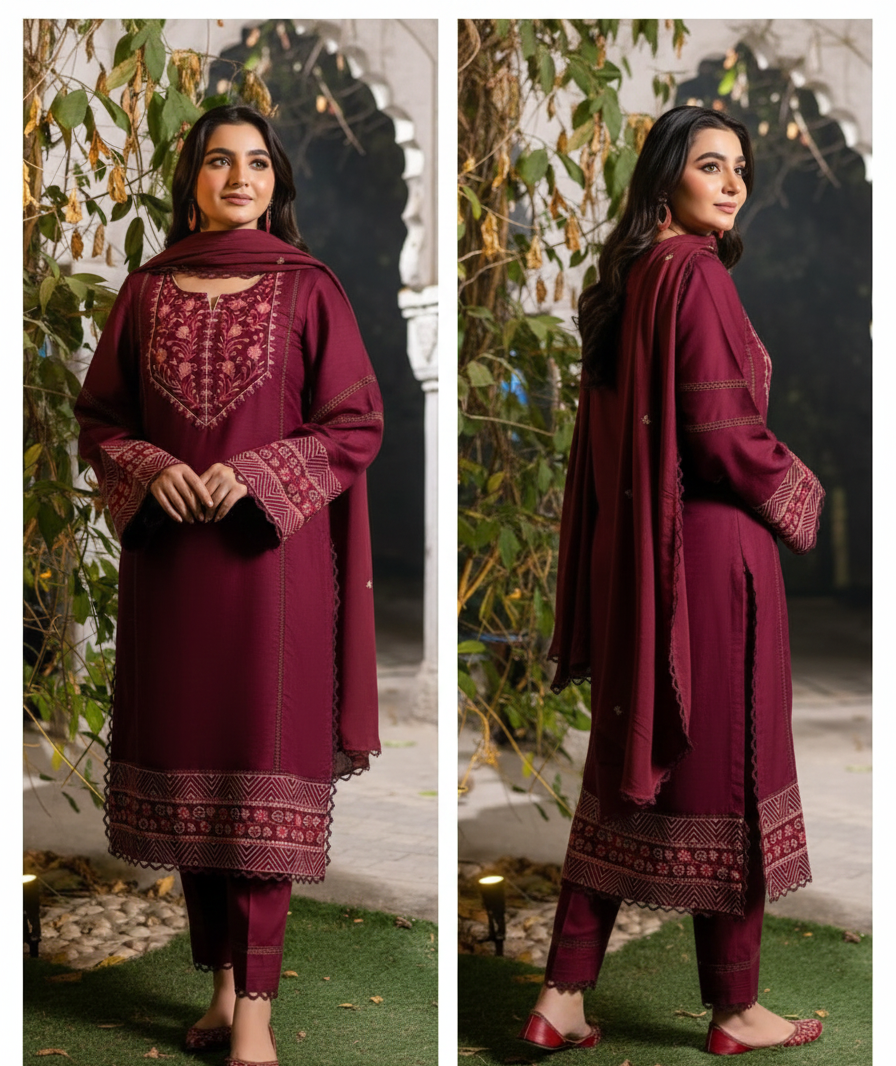 3-PC Embroidered Premium linen suit- Maroon