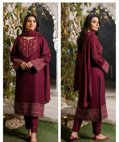 3-PC Embroidered Premium linen suit- Maroon