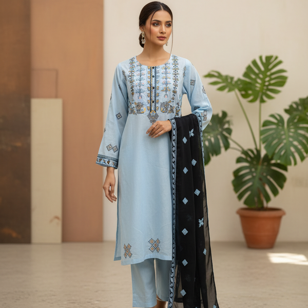 Cotton Lawn stitched 3 pc Embroidered suit- SKY (Long Shirt)
