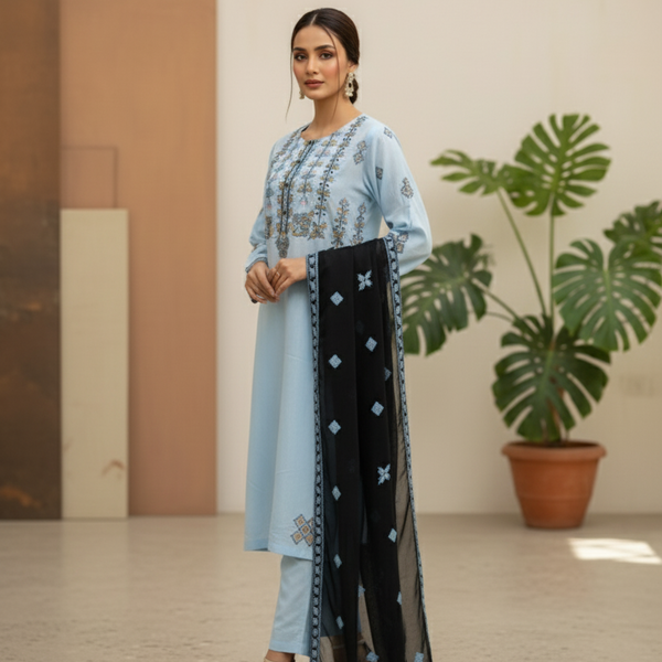 Cotton Lawn stitched 3 pc Embroidered suit- SKY (Long Shirt)