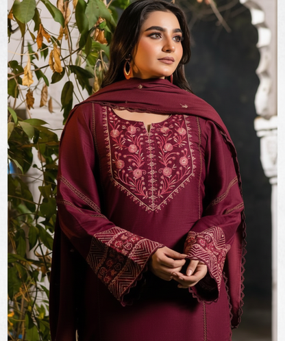 3-PC Embroidered Premium linen suit- Maroon