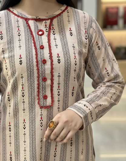 2 pc printed co-ord set khaddar(Long Shirt)- Elegant