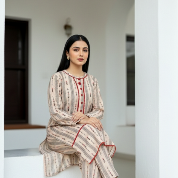 2 pc printed co-ord set khaddar(Long Shirt)- Elegant
