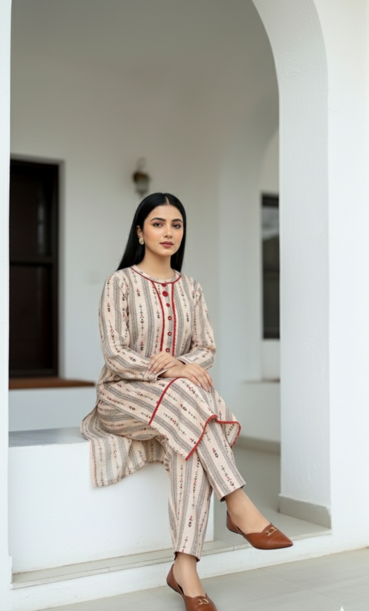 2 pc printed co-ord set khaddar(Long Shirt)- Elegant