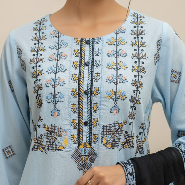 Cotton Lawn stitched 3 pc Embroidered suit- SKY (Long Shirt)