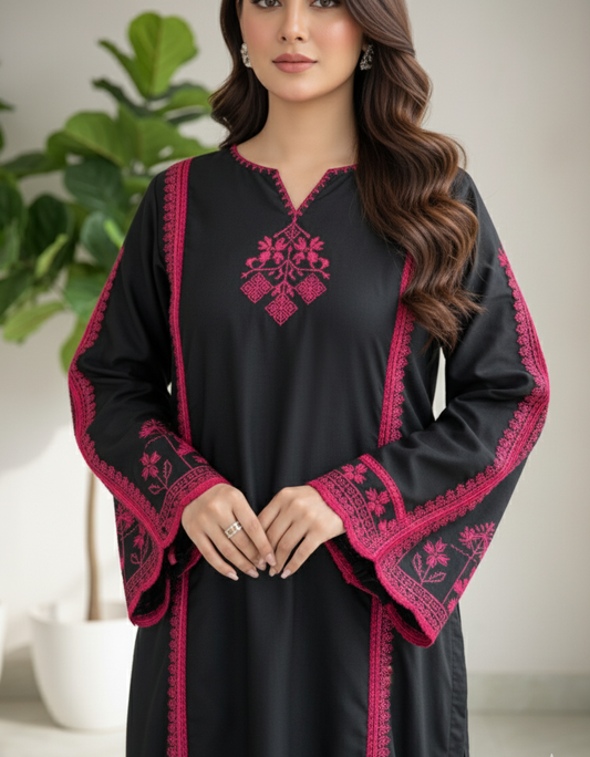2-PC Embroidered linen suit- Kala Jora