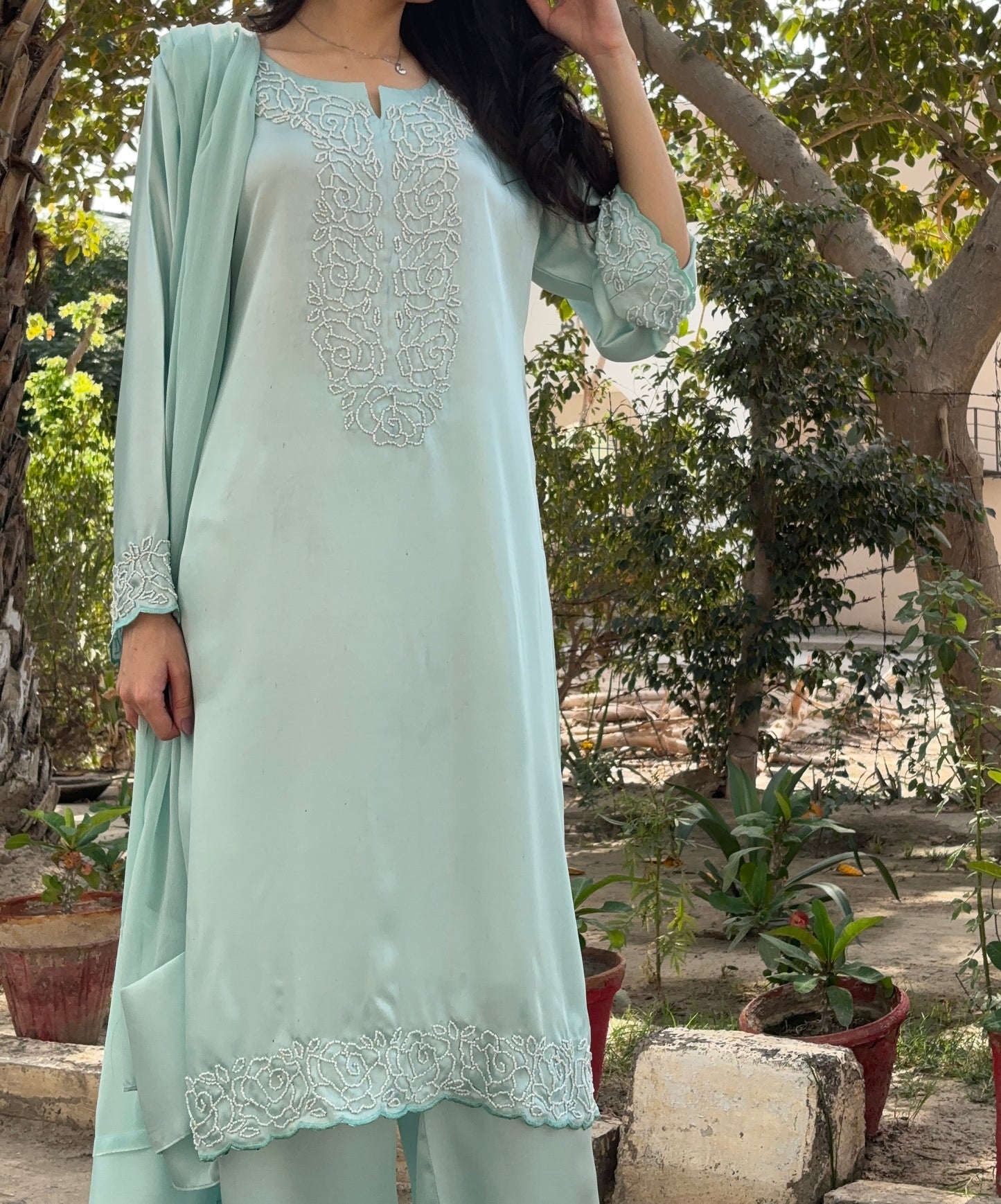 3pc Hand Embroidered Silk Suit-Ice Blue