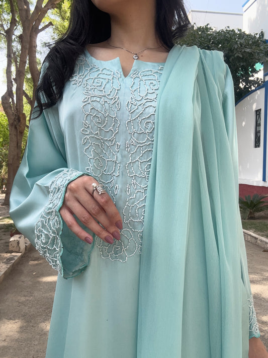 3pc Hand Embroidered Silk Suit-Ice Blue