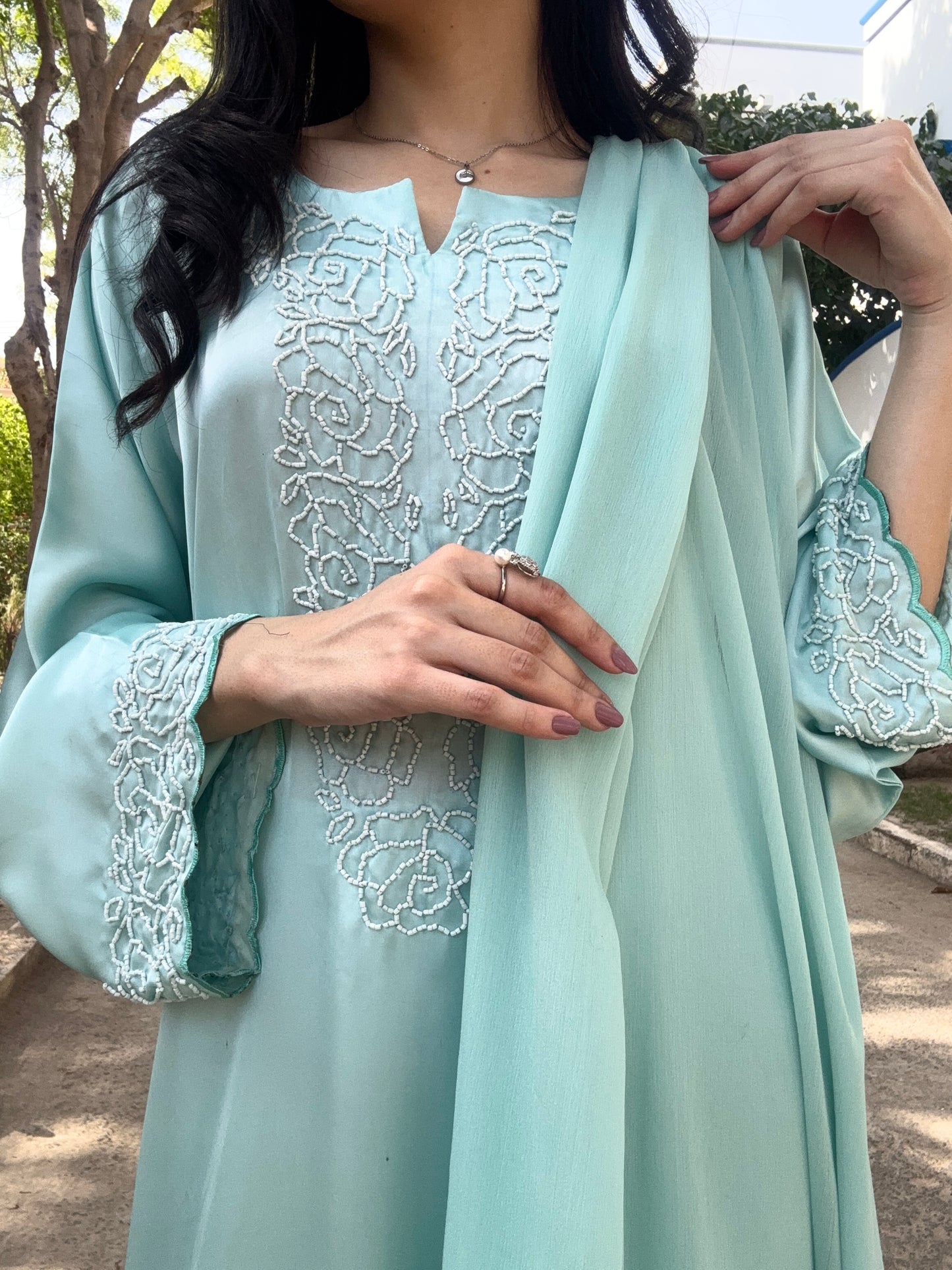 3pc Hand Embroidered Silk Suit-Ice Blue