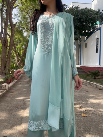 3pc Hand Embroidered Silk Suit-Ice Blue
