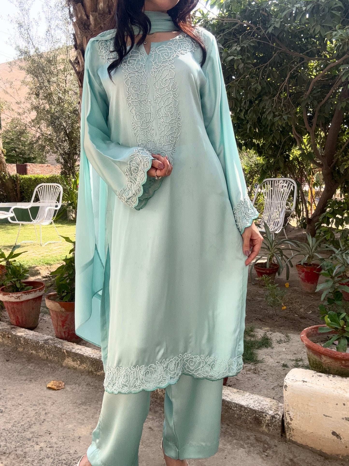 3pc Hand Embroidered Silk Suit-Ice Blue