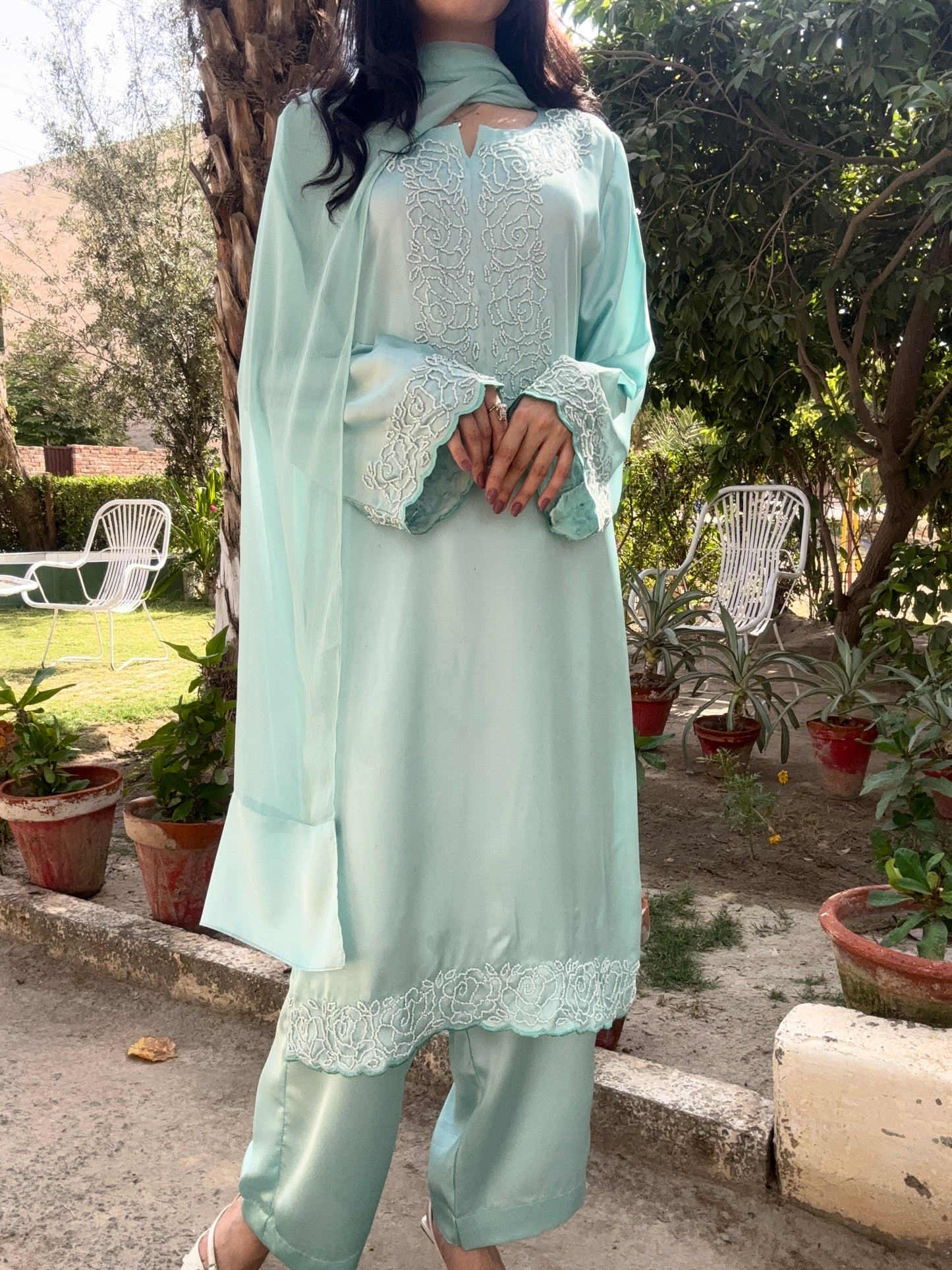 3pc Hand Embroidered Silk Suit-Ice Blue