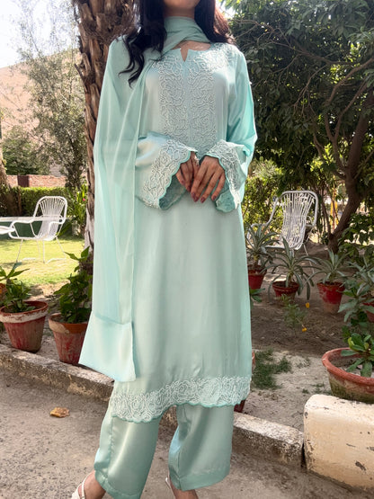 3pc Hand Embroidered Silk Suit-Ice Blue